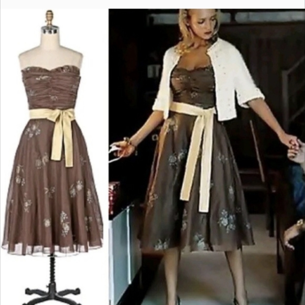 Odille Anthropologie Strapless Dress -- Brown Floral Wmns Sz. 8